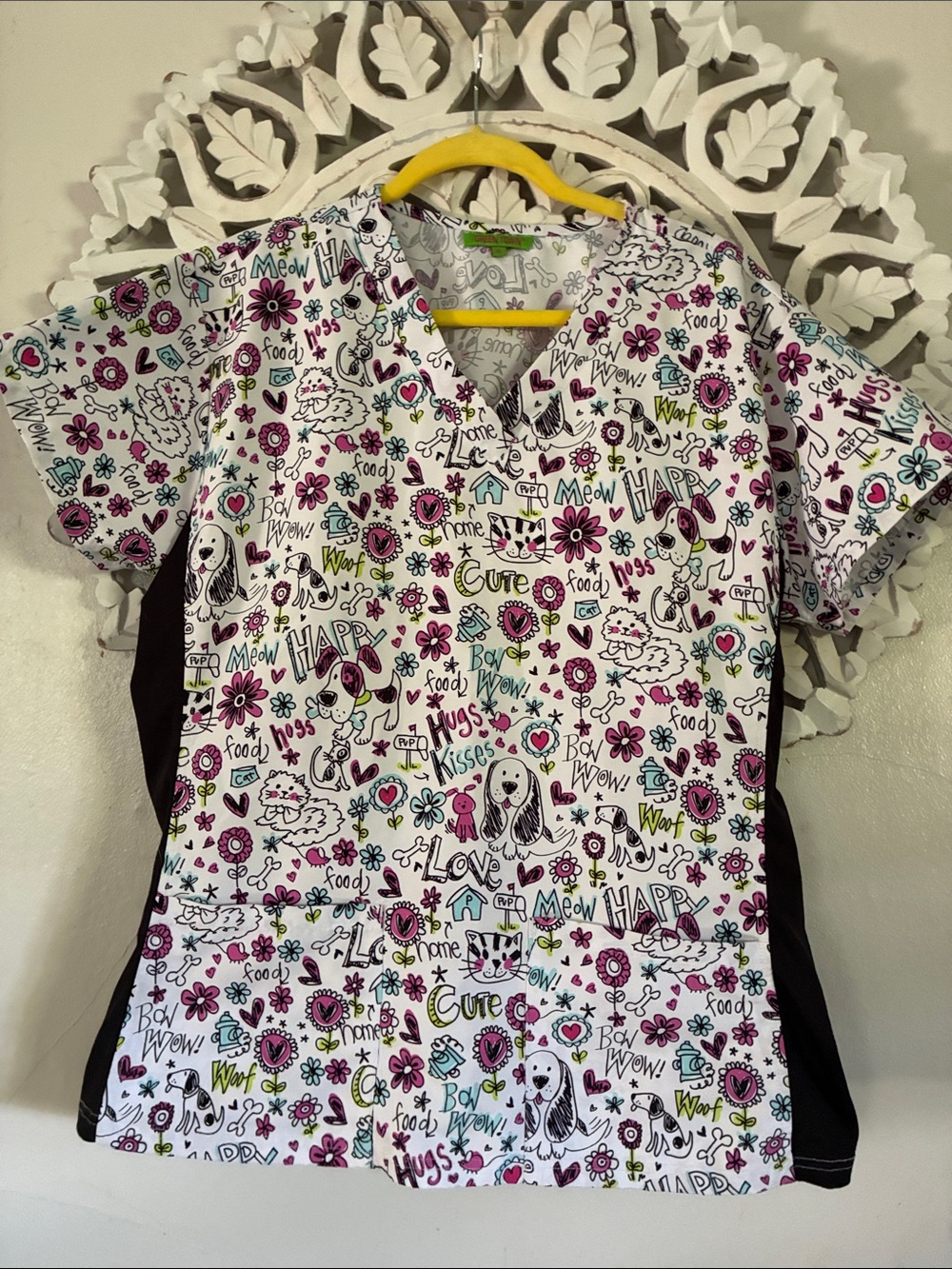 Women's White Multi-Color Puppy Cats  & Floral Print V-Neck Scrub Top